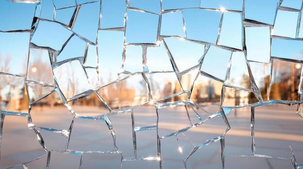 Broken glass on a window with a blue sky in the background photo