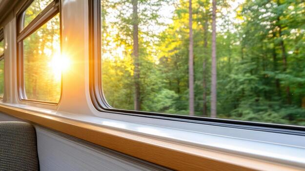 The sun is shining through the window of a train photo