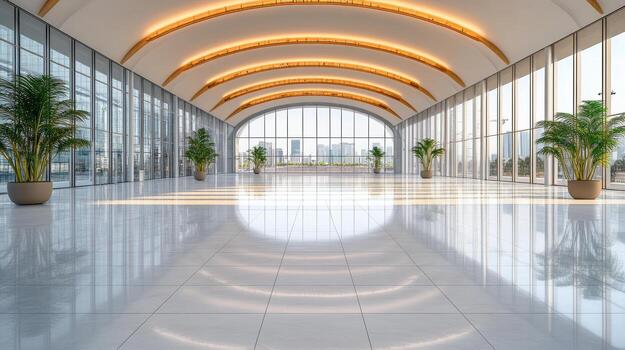 Modern office lobby with large windows and white floor photo