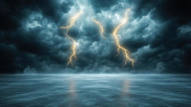 A stormy sky with lightning and clouds over the ocean photo