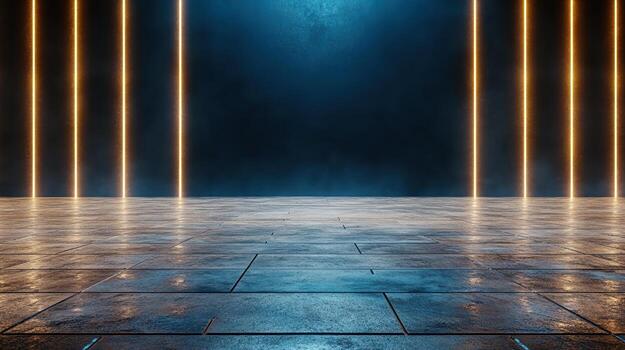 An empty room with neon lights and a floor photo