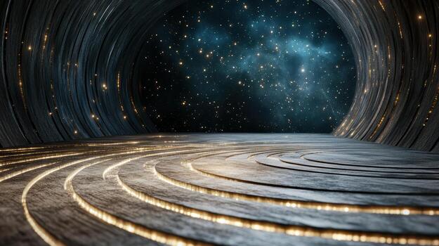 An empty tunnel with a spiral staircase leading to the stars photo