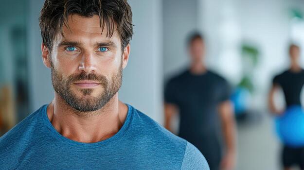 A man in a gym with other men in the background photo