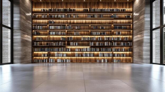 A large room with bookshelves and a large window photo