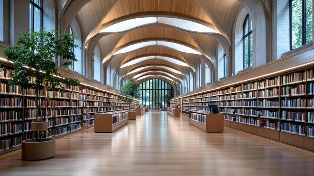 A long library with lots of books on shelves photo