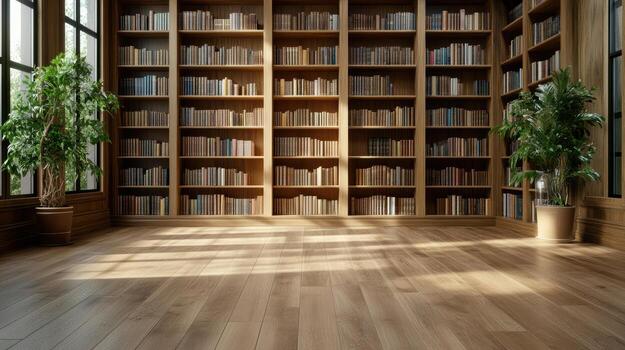 An empty room with a large bookcase and potted plants photo