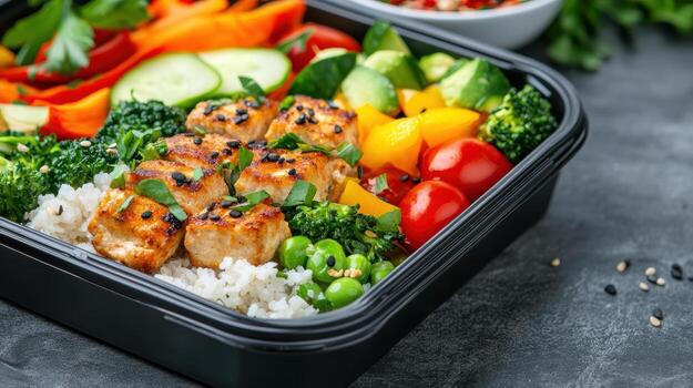 A black container with rice, vegetables and chicken photo