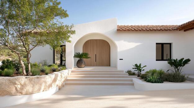 A modern white house with a stone path and plants photo