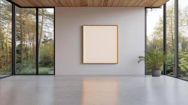 Empty room with a blank frame and large windows photo