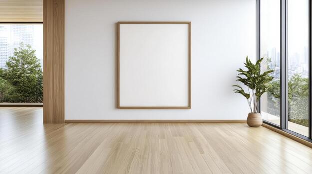 Empty room with wooden floor and a blank frame photo