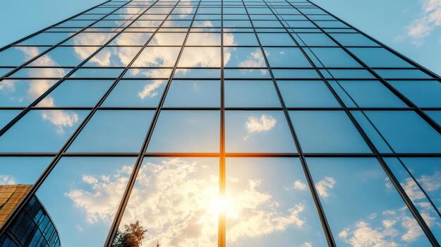 A tall building with a reflection of the sky photo