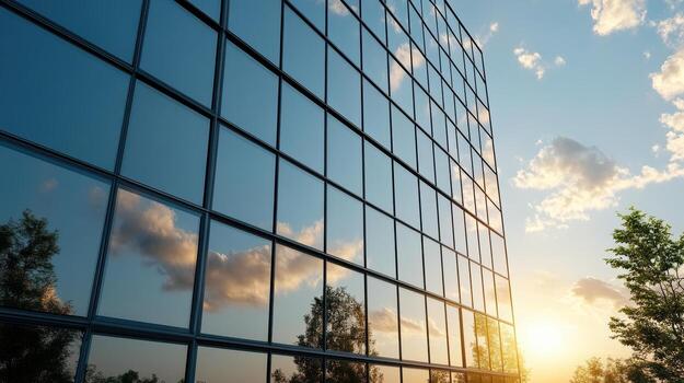 A building with a large glass window and trees photo