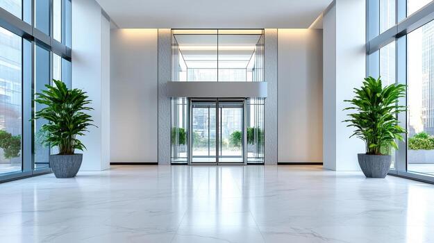 Modern office lobby with large windows and white marble floor photo