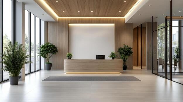 Modern office lobby with wooden flooring and large windows photo