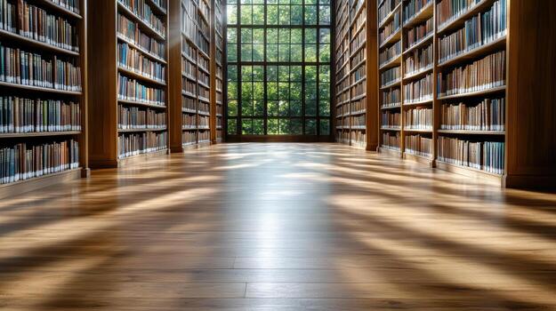 An empty library with many books on the floor photo