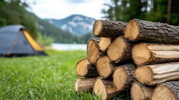 A pile of logs in front of a tent photo
