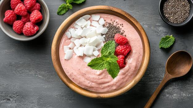 Raspberry chia smoothie bowl with mint and chia seeds photo