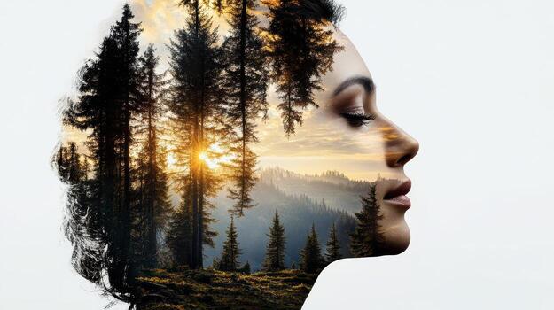 Double exposure of a woman's face with trees and forest photo