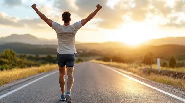 A man is running on a road with his arms up photo