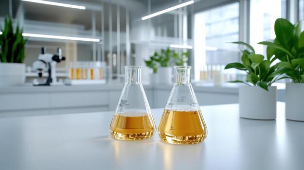 Two flasks with liquid in them on a table photo
