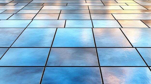 A blue tiled floor with a reflection of the sky photo