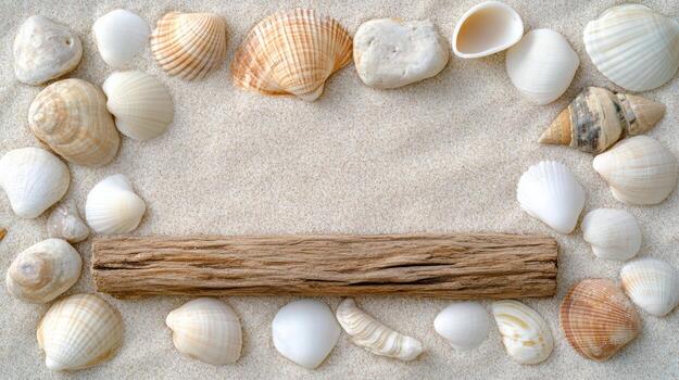 A wooden frame surrounded by shells and sand photo