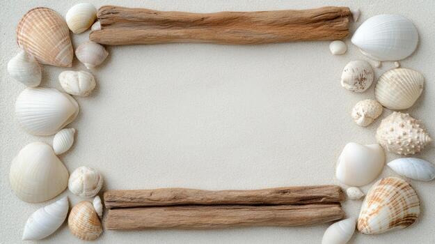 A wooden frame made of shells and sea shells photo