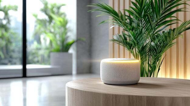 A smart speaker sits on a table in front of a plant photo