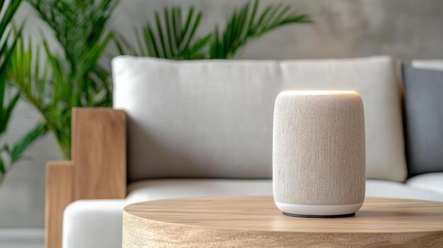 A smart speaker sits on a table in front of a couch photo