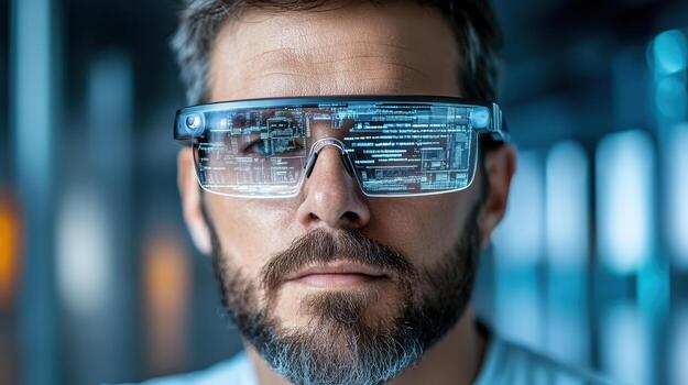 A man wearing glasses with a computer screen on his face photo