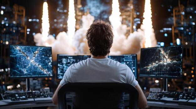 A man sitting at a computer with three monitors and a rocket launching photo