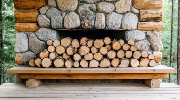 A log pile sitting on a wooden bench in front of a fireplace photo