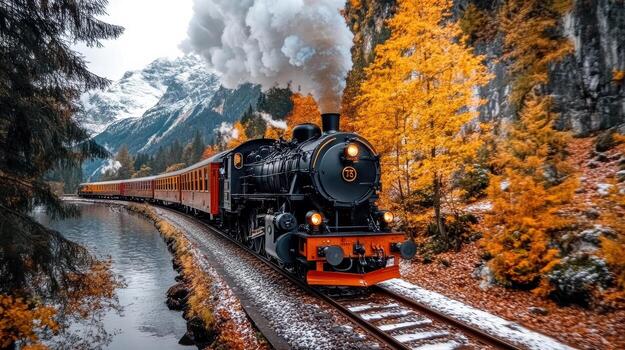 A train traveling through the mountains with autumn trees photo