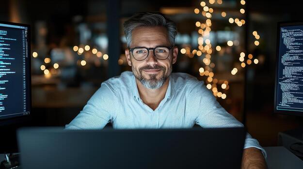 A man with glasses and a beard sitting at a desk with two computer screens photo