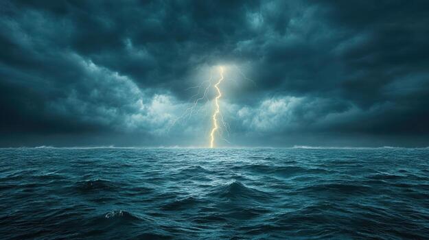 Lightning strike over the ocean with storm clouds photo