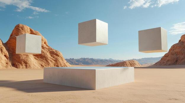 Three cubes floating in the desert photo