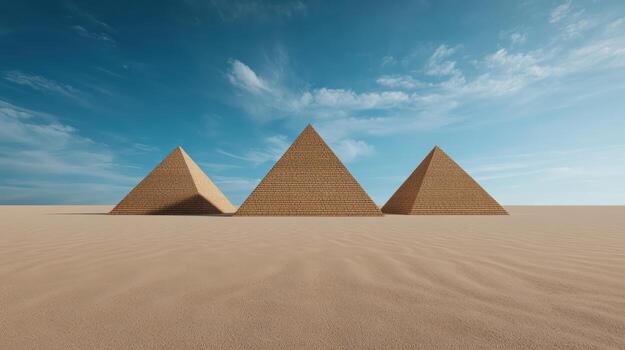 Three pyramids in the desert with a blue sky photo