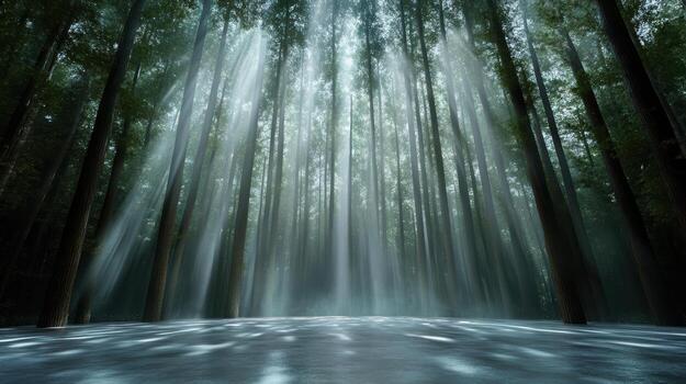 A dark forest with light shining through the trees photo