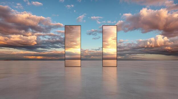 Two mirrors in a room with a sky and clouds photo