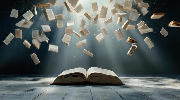 An open book with many books flying out of it photo