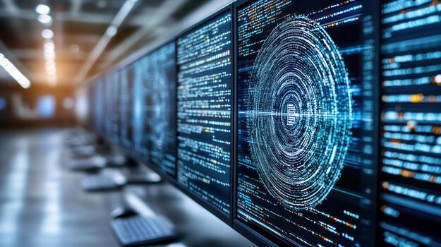 A row of computer monitors with data on them photo