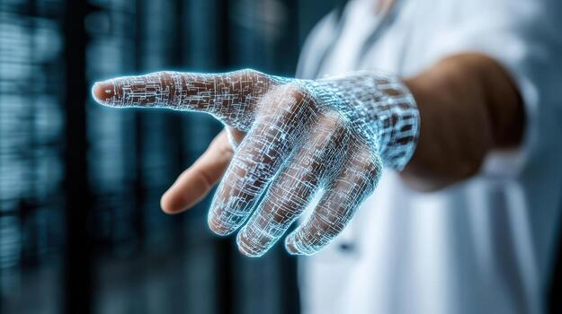 A doctor's hand is pointing at a computer screen photo