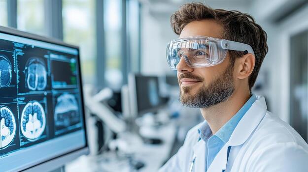 A man wearing glasses and a lab coat is looking at a computer screen photo
