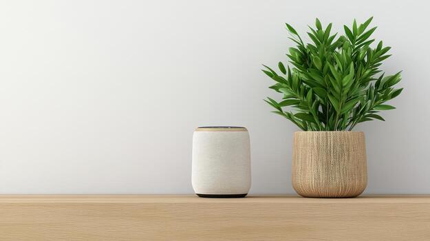 A smart speaker and a plant on a wooden shelf photo