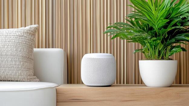 Home assistant smart speaker with plant on wooden table photo