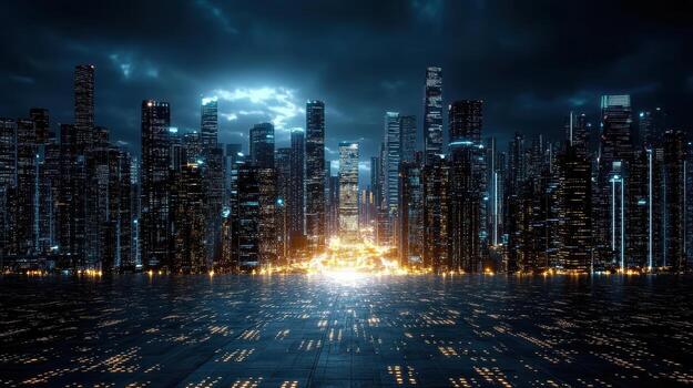 Futuristic cityscape with lights and buildings in the background photo