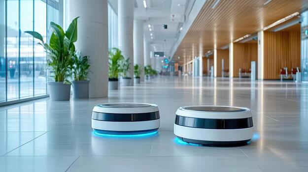 Two robotic devices are sitting on the floor in a hallway photo