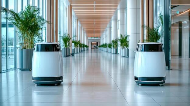 dos blanco robots son en pie en un pasillo foto