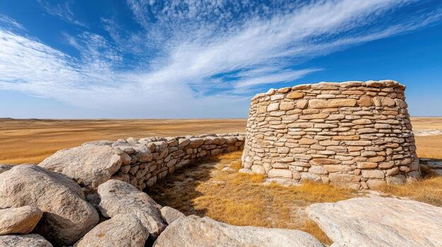 Ancient stone structure in the desert with blue sky photo