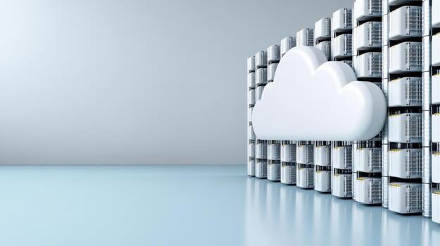 A cloud is sitting on top of a stack of servers photo